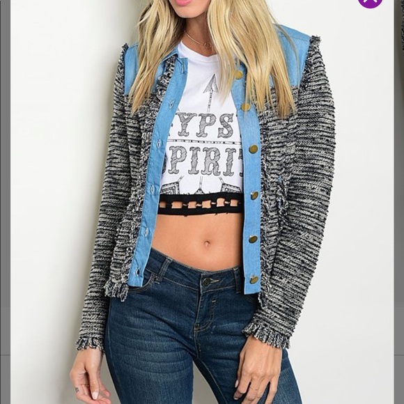 Lanesra- Light blue, black/gray button down mid-length fringe hem jacket- Size S - Picture 1 of 3